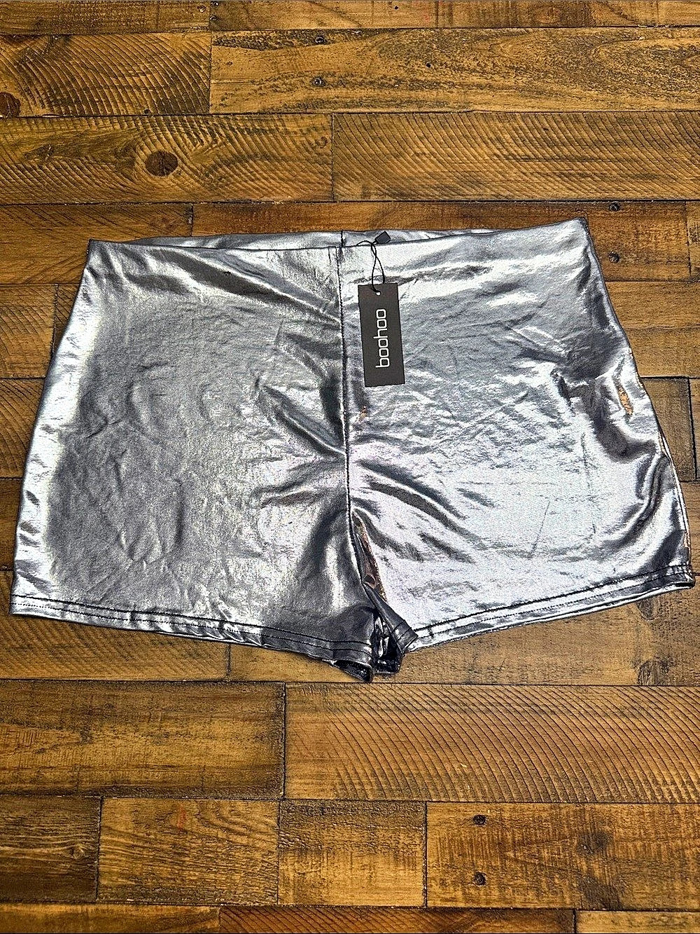 boohoo Metallic High Waist Shorts in Silver Size 2
